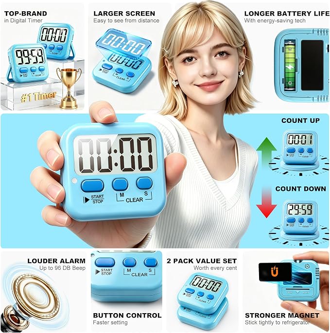 2 Pack Digital Timer for Kids Classroom Kitchen Timers for Cooking | w/ Battery, Easy to View, Alarm, Mute Mode, Count Down/Up, Magnetic, Kickstand, Hanging, Classroom Timer for Teacher Supplies