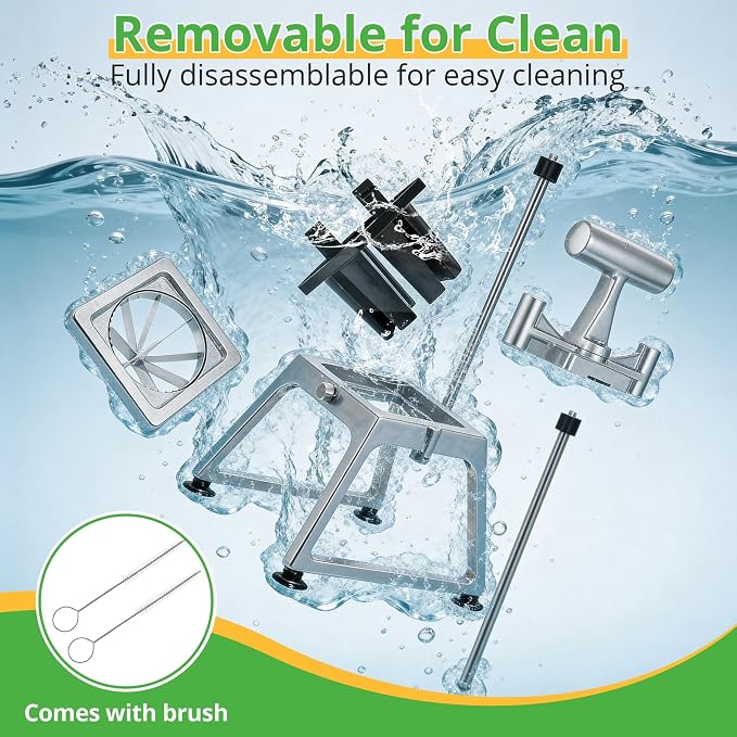 Commercial Vegetable Chopper & Fry Cutter, 3-Blade Manual Dicer | 1/4", 3/8" & 8-wedge blades, stainless steel cutters, aluminum alloy frame, suction base, detachable parts for easy cleaning