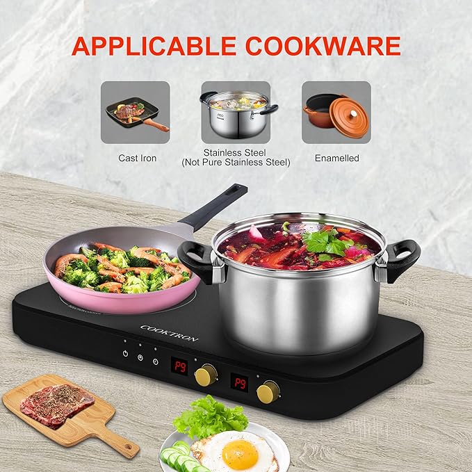 COOKTRON Portable Induction Cooktop 2 Burner with Removable Iron Cast Griddle Pan Non-stick, 1800W Double Induction Cooktop with Child Safety Lock & Time, Great for Family Party