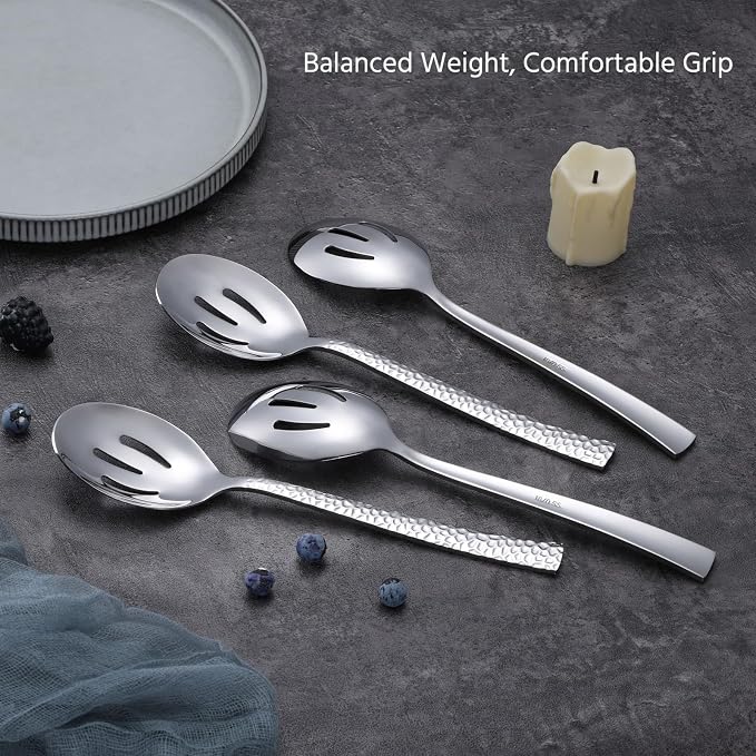 E-far Hammered Slotted Serving Spoons, 4-Piece Stainless Steel Tablespoons Hostess Serving Utensils Set for Catering Buffet Party Wedding Kitchen Restaurant, Dishwasher Safe