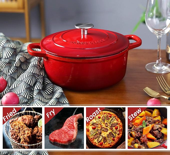 EDGING CASTING Enameled Cast Iron Dutch Oven, 5.5 Quart, Round Dutch Ovens Pot with Dual Handle for Bread Baking, Dutch Ovens with Lid, Bread Oven, Red