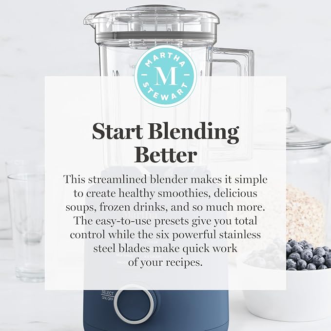 Martha Stewart 50oz Countertop Blender, 3 Speeds, 5 Presets, Indigo Blue | BPA-Free Pitcher, Smoothies, Margaritas, Milkshakes & Ice Crushing, Stainless Steel Blades, Auto-Clean, Dishwasher-Safe Parts