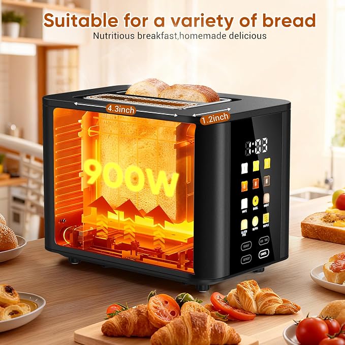 Touch Screen Toaster 2 Slice Black Toaster with Digital Countdown Wide Slot LCD Display 2 Slice Toasters Smart Toasters 6 Shade Settings 6 Bread Type with Reheat/Add Time/Defrost/Cancel Function