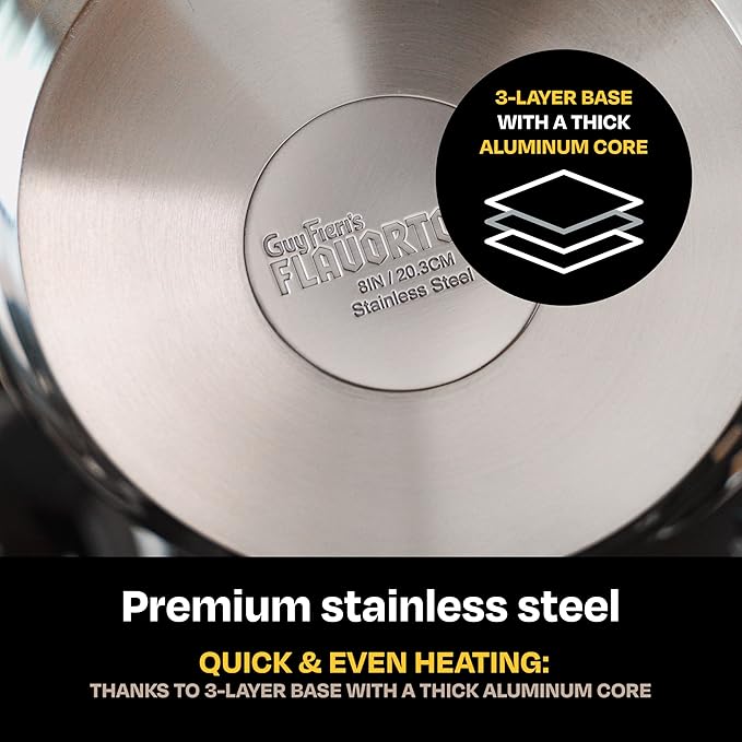 Guy Fieri's Flavortown 5 Qt Stainless Steel Sautepan with Lid | Premium Three-Layer Base Cookware, Oven-Safe up to 500F