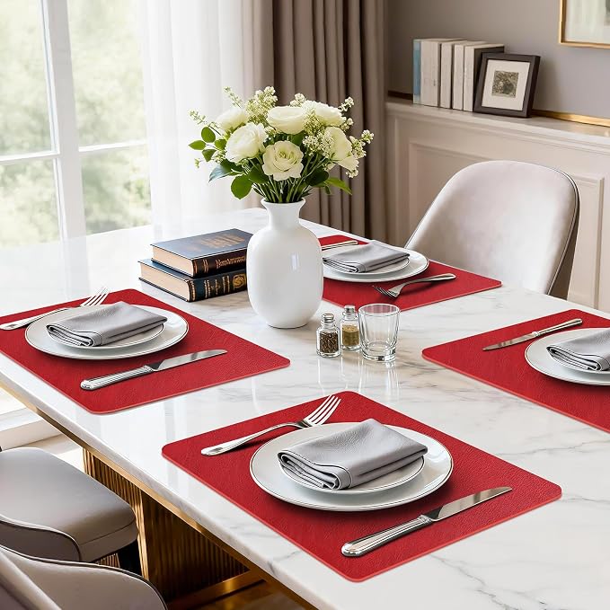 Faux Leather Placemats Set of 6 Heat Resistant Table Mats 17×12 Inch | Waterproof & Wipeable Place Mats Set of 6 Dual Sided Table Placemats for Kitchen Dining Decor Indoor & Outdoor 43×30 CM Red