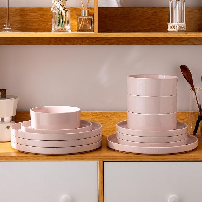 AmorArc Stoneware Dinnerware Sets for 4,12Pcs Plates and Bowls Set | Handmade Ceramic Dish Set,Dishwasher & Microwave Safe,Scratch Resistant-Pink