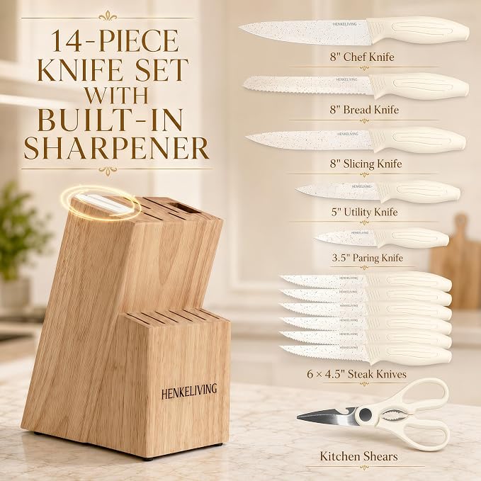 Knife Set with Built-in Sharpener Block, Dishwasher Safe | 14-Piece, High-carbon stainless steel blades, Ultra-sharp edges, Ergonomic non-slip handles, Great gift