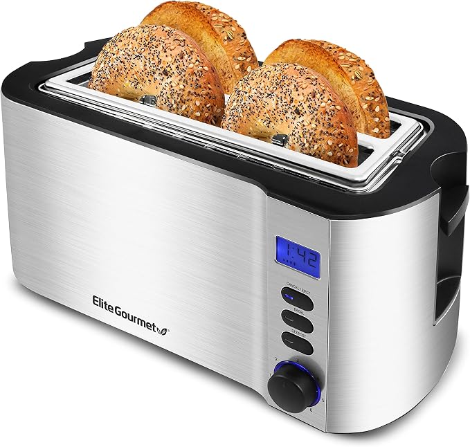Elite Gourmet ECT4400B# Long Slot 4 Slice Toaster, Countdown Timer, 6 Toast Setting, Defrost, Cancel Function, Built-in Warming Rack, Extra Wide Slots for Bagel Waffle, Stainless Steel | 6 Toast Settings, Defrost & Cancel Function, Built-In Warming Rac...