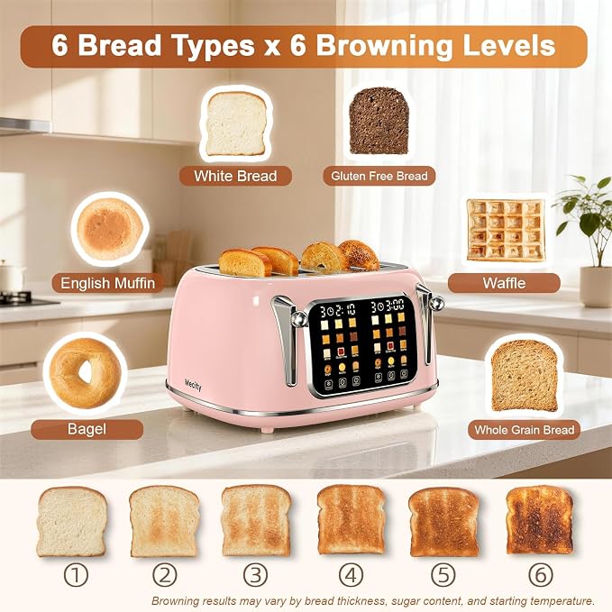 Mecity Toaster 4 Slice, Touch Screen Wide Slot Retro Toaster For Breads Bagel Muffin Waffle, House Warming Gift New Home, 120V 1650W, Pink Color