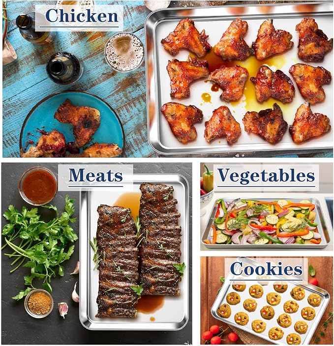 P&P CHEF Baking Sheet Pan, Stainless Steel Cookie Sheet, 17.3 Inch & 2 Pcs | Oven Tray Sheet Pan for Baking & Serving, Baking Tray for Multi Uses, Heavy Duty & Non-toxic, Rust Free & Dishwasher Safe