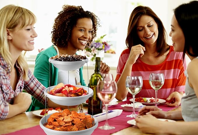 Masirs 3-Tier Collapsible Bowl: Decorative Design Folds for Minimal Storage. Ideal for Serving Snacks, Salad, and Fruit. Top Bowl Divided into Three Sections. | Masirs Tiered Serving Stand, Divided Top Tray, BPA-Free Dishwasher Safe Plastic, Snacks Sal...