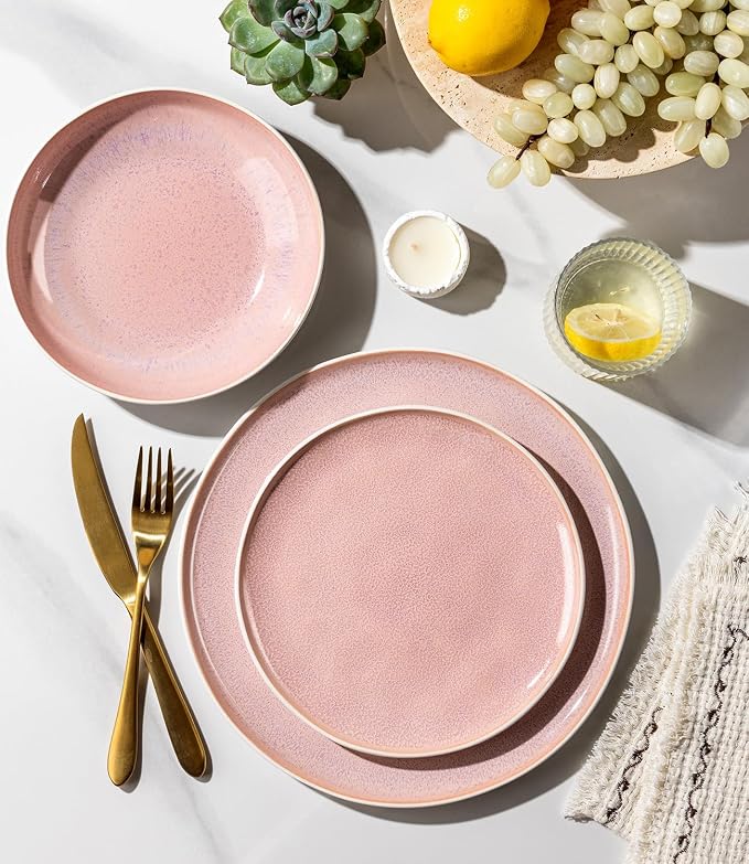 GBHOME Stoneware Dinnerware Sets for 6,18 Piece Rustic Plates and Bowls Set | Earthenware Handmade Reactive Glaze Plate Sets, Chip Resistant Ceramic Dishes, Microwave & Dishwasher Safe, Pink