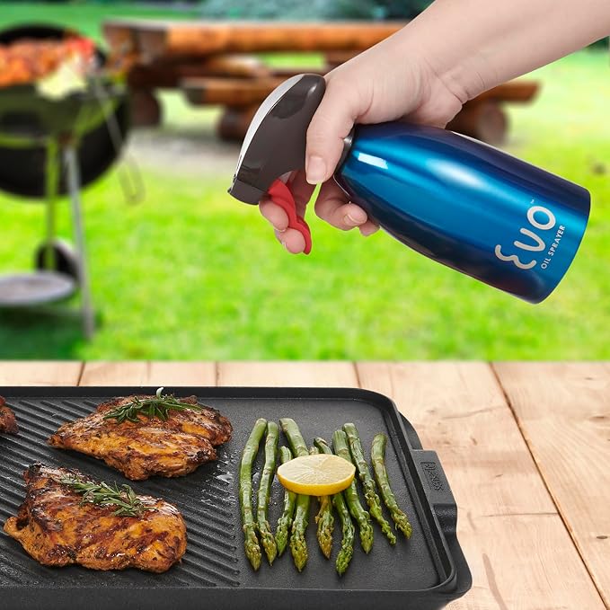 Evo Oil Sprayer 18/8 Stainless Steel, Non-Aerosol for Olive, Cooking Oils, and Vinegars, Blue, 16-Ounce Capacity