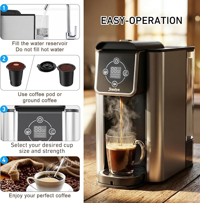 Jesslyn Single Serve Coffee Maker for K Cup Pods and Ground Coffee, 3-in-1 Coffee & Tea Brewer with 6-14 oz Brew Sizes, Compact Coffee Machine for Office, Apartment & Dorm, Gray