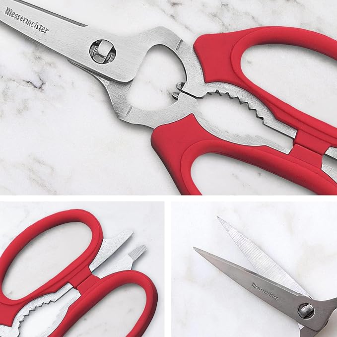 Messermeister 8-Inch Take-Apart Kitchen Scissors, Red - Includes Screwdriver, Nut Cracker, Jar Lid Opener/Gripper, Bottle Opener & Bone + Twig Cutter - Suitable for Lefties & Righties