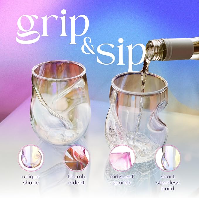Dragon Glassware Stemless Wine Glasses, 16 oz Set of 2 - Iridescent | Short Wine Glasses Set of 2 with Finger Indentations; Aerates Naturally; Standard Width Design; Unique Drinkware