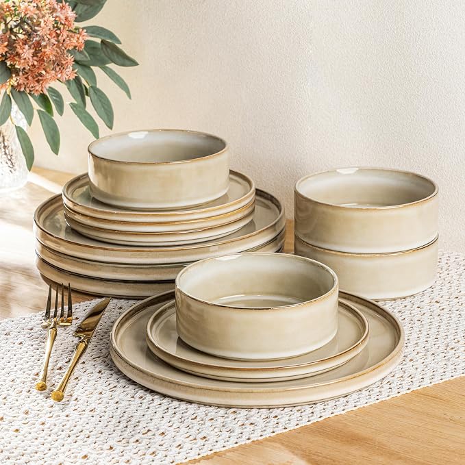 AmorArc Ceramic Dinnerware Sets for 4,12 Piece Plates and Bowls Sets Dishes | Stoneware Handmade Reactive Glaze Dishes Set | Highly Chip and Crack Resistant | Dishwasher & Microwave Safe