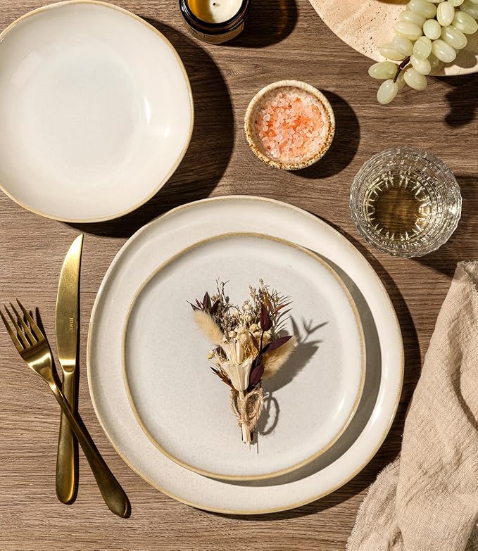 GBHOME Stoneware Dinnerware Sets for 8,24 Piece Rustic Plates and Bowls Set | Earthenware Handmade Reactive Glaze Plate Sets, Chip Resistant Ceramic Dishes, Microwave & Dishwasher Safe, Vanilla Cream