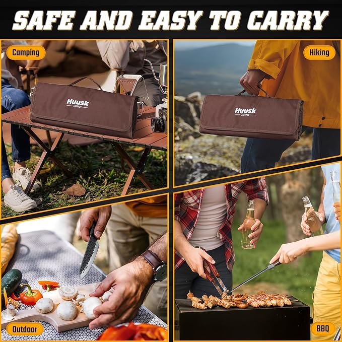 Huusk 7 PCS Butcher Knife Set for Meat Cutting with Roll Bag, Gifts for Men | Japanese Chef Knife Set with Sharpening Rod and Poultry Shears, Hand Forged Cooking Knives for BBQ Camping Kitchen