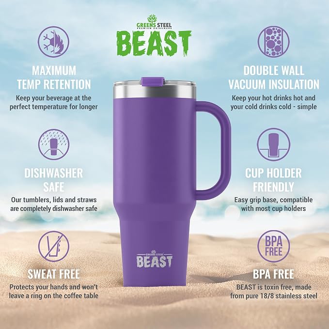 Beast 42 oz Tumbler with Handle Stainless Steel Vacuum Insulated Coffee Ice Cup Double Wall Travel Flask (Deep Purple)
