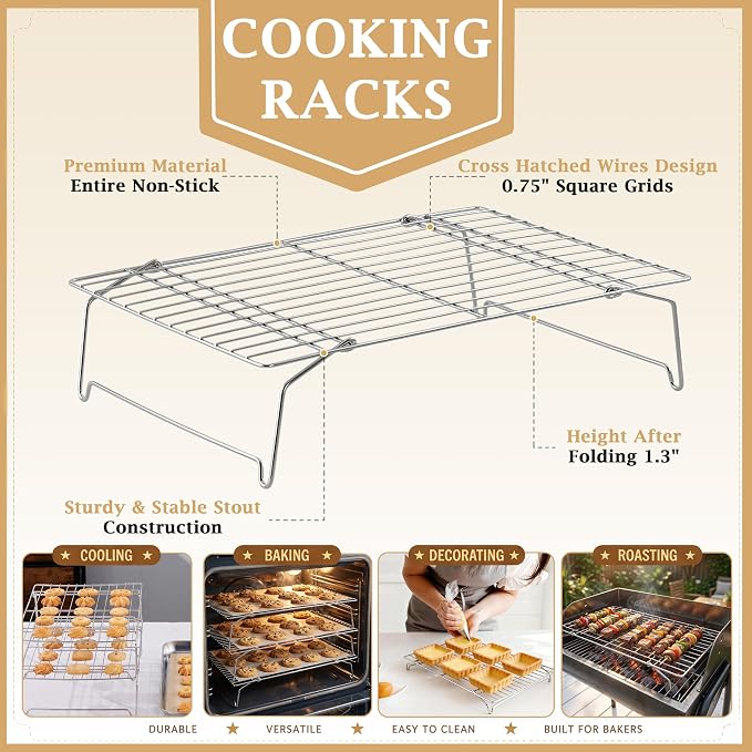 LIANYU Cooling Rack 15"x10", 4-Tier Stackable & Collapsible Cooling Racks | Stainless Steel Wire Baking Racks Fits Jelly Roll Pan, Great for Cooking, Baking, Roasting, Grilling, Oven & Dishwasher Safe