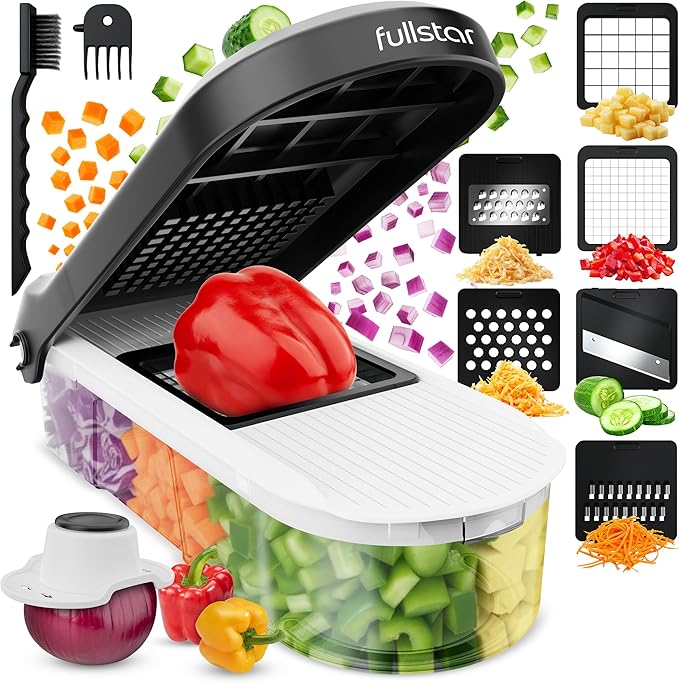 Fullstar Pro Core Vegetable Chopper & Mandoline Slicer, Meal Prep Essential | 6 in 1 Veggie Slicer, Onion & Fruit Slicer with Julienne, Grater & Dicer Stainless Steel Blades + Container (White)