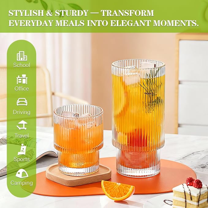 Ribbed Drinking Glasses Set of 4, Stackable Glass Cups with 2 Tall 16 oz Highball Glasses and 2 Short 7 oz Tumblers for Iced Coffee, Water, Cocktails and Whiskey