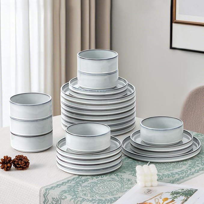 LIANYU 18 PCS Dinnerware Sets for 6, Stoneware Dinner Plates and Bowls Set | Dishware Dish for Home Kitchen Dining, Rustic Terracotta Bottom, Dishwasher & Microwave Safe, Lucent White