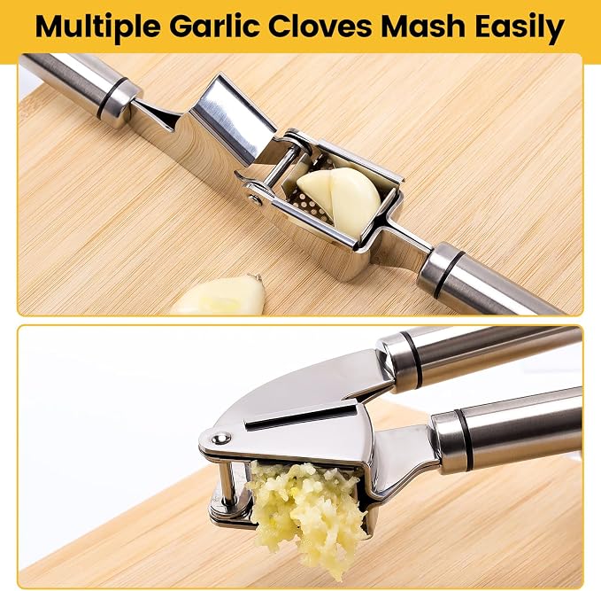 BURLIHOME Stainless Steel Garlic Press Mincer,Heavy-Duty,Purple Peeler Tube | Metal Ginger Press,Strong Squeeze,Mince Garlic & Ginger,Dishwasher Safe,Kitchen Essential,Meal Prep Tool,Easy Clean,Silver