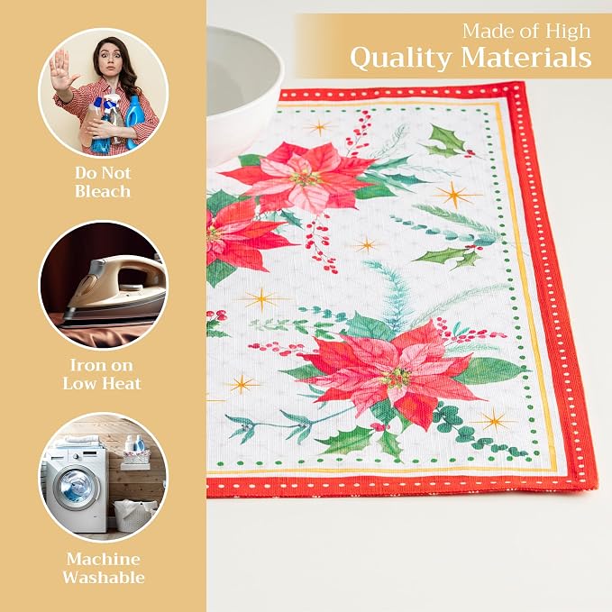 Maison d' Hermine Placemats Set of 4 Reusable 100% Cotton (13"x19") | Cloth Place Mats Washable Table Mats for Kitchen Dining Party Wedding Home Thanksgiving Christmas - Poinsettia Christmas
