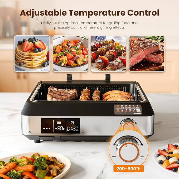 Kismile 2-in-1 Smokeless Electric Grill,Digital Display,Meat Probe,Nonstick | Indoor Grill and Griddle Combo,Dishwasher Safety,Temperature Control for Steak, Pancakes, Bacon