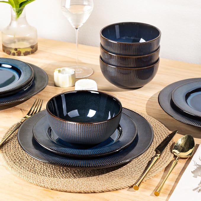 GBHOME Ceramic Dinnerware Sets of 4,12 pcs Plates and Bowls Sets Dishes | Embossed Elegant Stoneware Dishes Set | Dishwasher & Microwave Safe | Service for 4