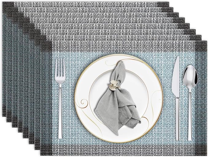 Blue Grey Ethnic Boho Placemats Set of 8, 12x18 Inch Linen Burlap Washable Durable Art Table Mats for Holiday Party Kitchen Dining Room Decoration