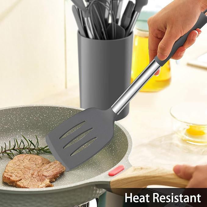 LIANYU 15-Piece Cooking Kitchen Utensils Set with Holder | Silicone Kitchen Tools Stainless Steel Handle, Slotted Spatula Spoon Turner Tong Whisk Brush for Cooking, Gray