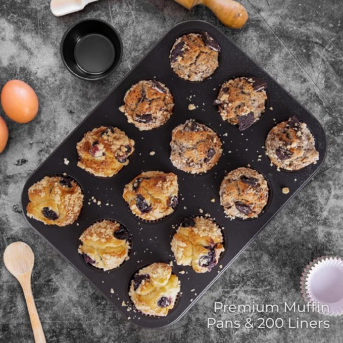 CARTMAN 2-Pack 12-Cup Muffin Pan Set, Carbon Steel Nonstick Cupcake Tin | Includes 200 liners, durable carbon steel, nonstick release, for cupcakes, muffins, egg bites, brownies, oven safe 450°F
