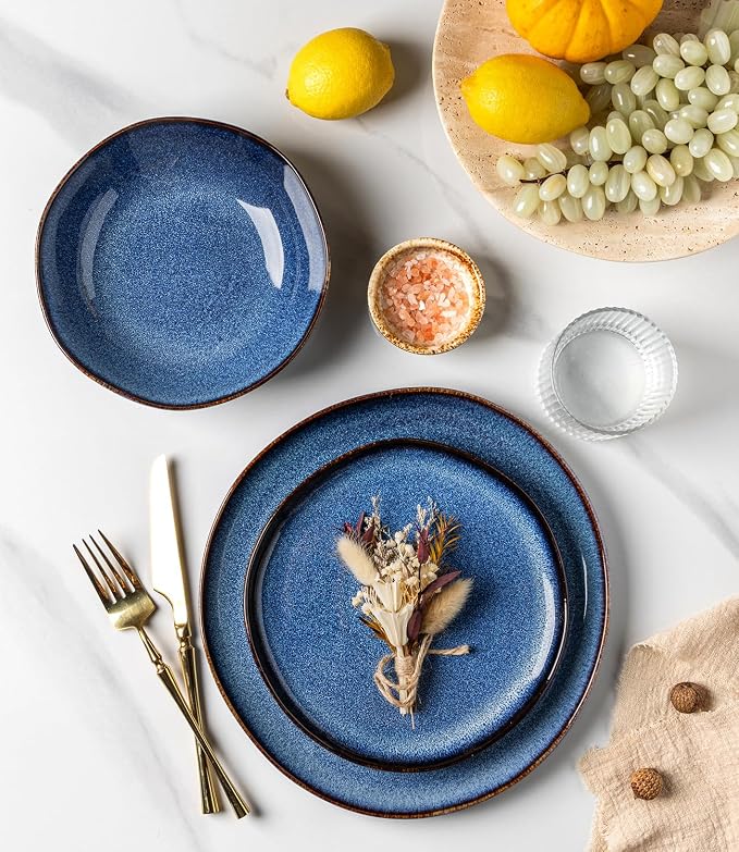 GBHOME Stoneware Dinnerware Sets for 6,18 Piece Rustic Plates and Bowls Set | Earthenware Handmade Reactive Glaze Plate Sets, Chip Resistant Ceramic Dishes, Microwave & Dishwasher Safe, Sea Blue