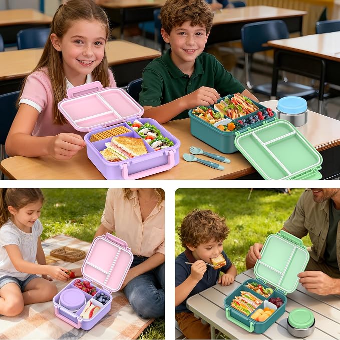 Kids Bento Lunch Box with Soup Thermo (9oz)– Hot & Cold Lunch Container with Leak Proof Insulated Food Jar for School Girls Boys, Ideal Size for Ages 3 to 7, Pink/Purple