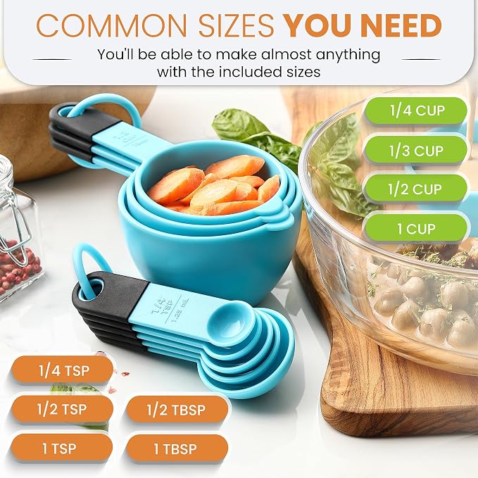 Spring Chef Magnetic Measuring Cups and Spoons Set of 9 - Aqua Sky | for Dry & Liquid Ingredients - Food Safe & BPA Free - Nesting Design - Dishwasher Safe