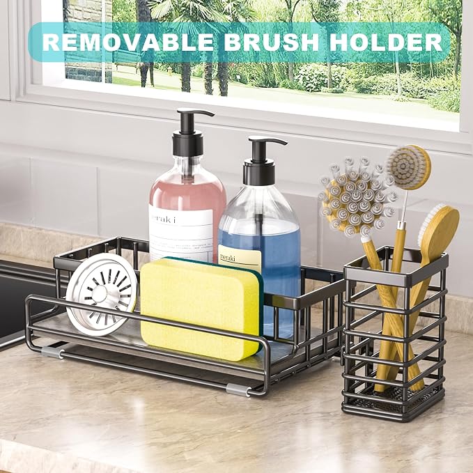 Large Family-Sized Sponge Holder for Kitchen Sink Organizer (Black) | Sink Caddy with Instant Drying Stone, Stainless Steel Sponge Holder for Sponges, Scrubbers, Soap, Home Countertop Organizer