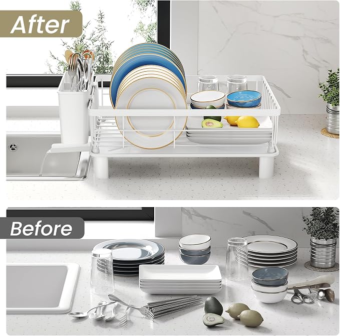 SNTD Dish Drying Rack for Small Kitchen Counter, 11" W x 15" L, White | Space Saving, Rotating Spout & Angled Drainboard for Quick Drainage, Stainless Steel, Removable Utensil Holder