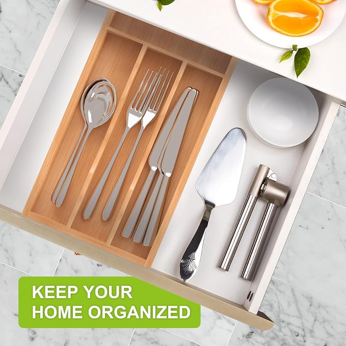 Unibambou Bamboo Kitchen Silverware Organizer with Removable Divider, Small | 4/5 slots flexible, Natural kitchen drawer cutlery organizer, Utensil holder, Flatware organizer tray, 6.7"W x 14"D x 1.6"H