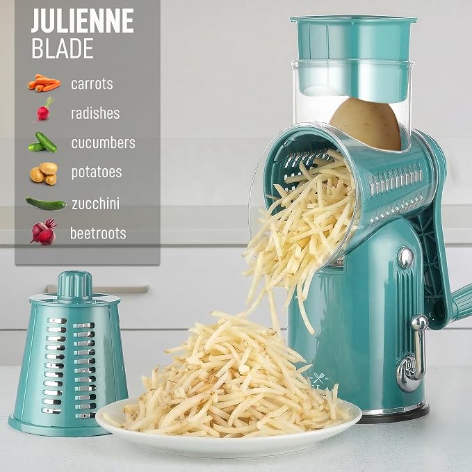 Zulay Kitchen Rotary Cheese Grater 5 Blade Cheese Shredder - Manual Hand Crank Cheese Grater With Reinforced Suction & 5 Interchangeable Drums - Easy to Use, Vegetable Chopper Round Mandoline Slicer