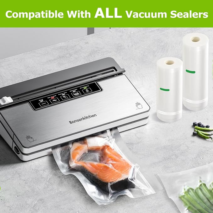 Bonsenkitchen Vacuum Sealer Bags Rolls for food, 11in x 50ft & 8in x 50ft | Durable Food Saver Bags, Commercial Grade, Heavy Duty, BPA Free, Seal a Meal, Food Storage & Sous Vide Cooking, VB25