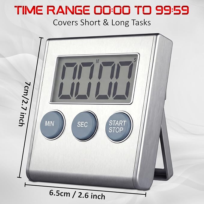 Digital Kitchen Timer with Loud 80dB Alarm & Large Display | Magnetic countdown timer with adjustable stand, auto memory, stopwatch feature for cooking, classroom, study, kids - Silver