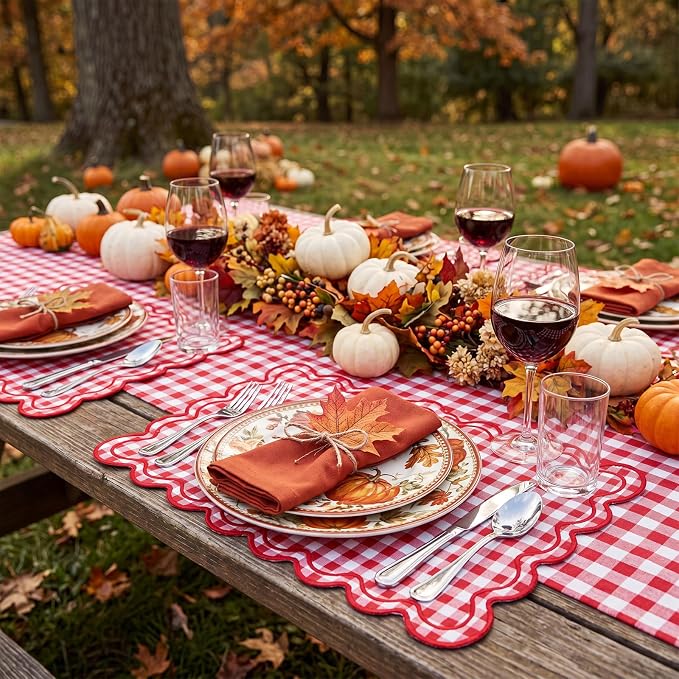 Linen Placemats Set of 12 Scalloped Placemat 13 X19 Wavy Embroidery Double Layered Washable Farmhouse Dinner Fabric Table Mat Napkin for Wedding Party Restaurant(Plaid,Red and White)