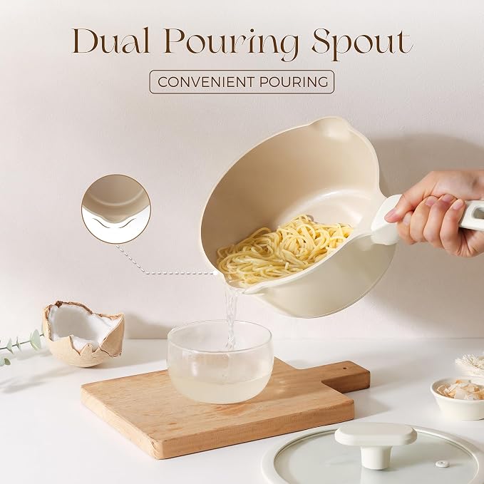 PRICUSIS Ceramic Nonstick Saucepan with Lid, 3 Quart Non Toxic Pot with Pour Spouts, Full Coated, 100% Dishwasher Safe, Induction Compatible, PTFE PFAS & PFOA Free, Coconut White