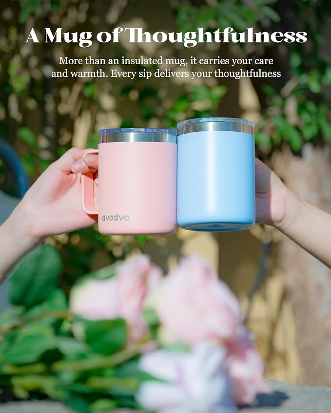 12oz Insulated Coffee Mug with Lid – Includes Two Lids, Stainless Steel Coffee Travel Mug with Handle, Double Wall Vacuum Insulated Camping Mug for Home, Office & Outdoor, Light Blue