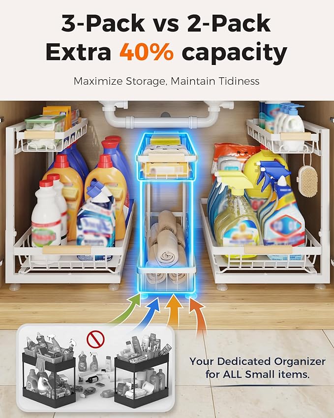 3-Pack 2-Tier Height Adjustable Under Sink Organizer, White | Multi-purpose metal storage shelf with sliding shelves for kitchen, bathroom, pantry & laundry cabinet