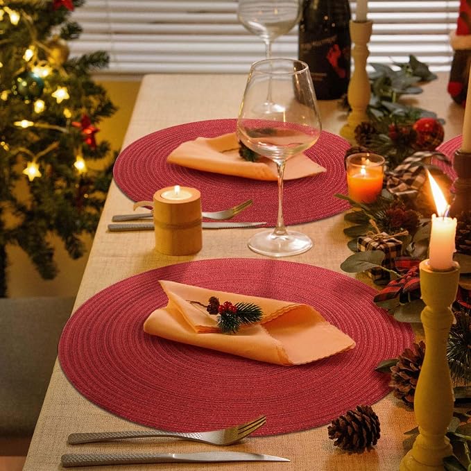 AHHFSMEI Round Braided Placemats Set of 6 Woven Table Mats for Dining Table Heat Resistant Easy to Clean Perfect for Kitchen & Home Decor (Christmas Red)