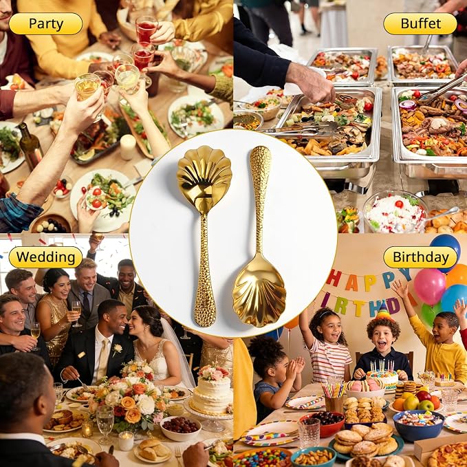 Serving Spoons 4Pack, 18/10 Stainless Steel Large Serving Spoons Set, Hammered Long Handle Serving Spoons for Buffet, Scalloped Design Serving Utensils for Kitchen Party Buffet Banquet (Gold)